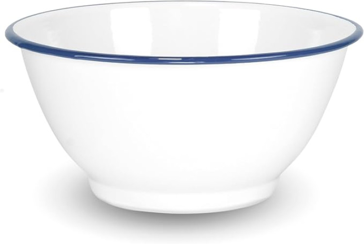 White W Blue Rim Metal 4 quart Round Salad Bowl White W Blue Rim Metal 4 quart Round Salad Bowl